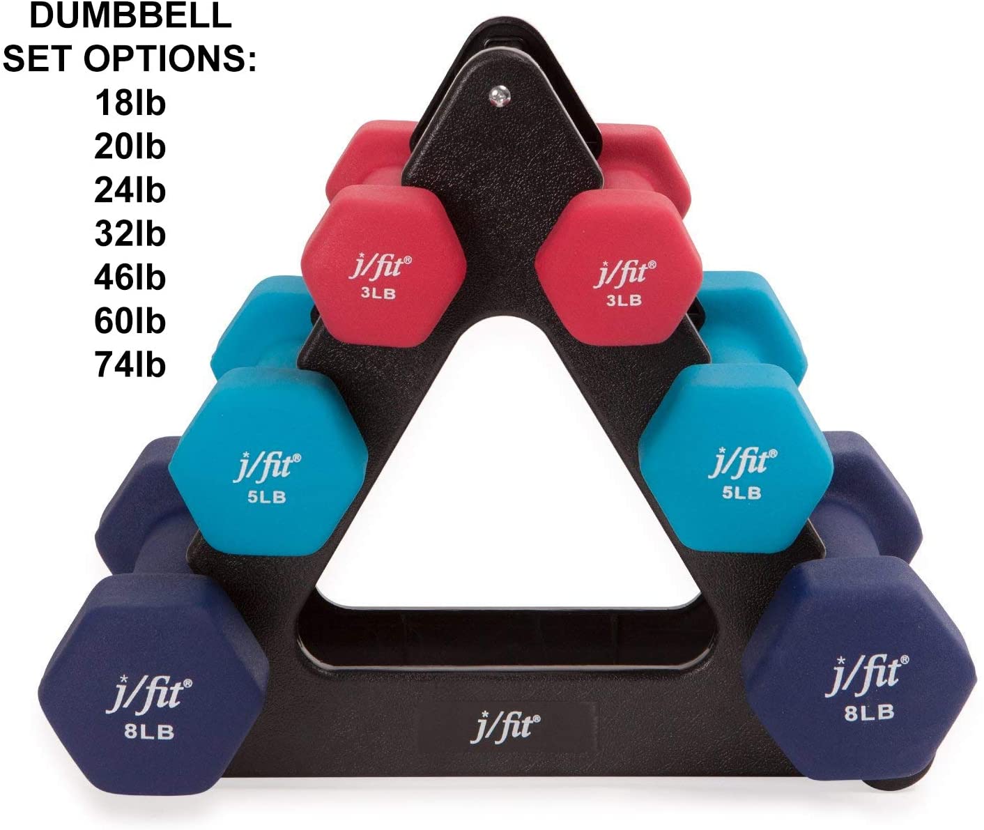 JFIT Dumbbell Set wDurable Rack, Solid Design, Double Neoprene Coated Workout Weights Non-Chip and Flake, Dumbbells Sets For Gyms, Pilates, MMA, Training 32lb Set